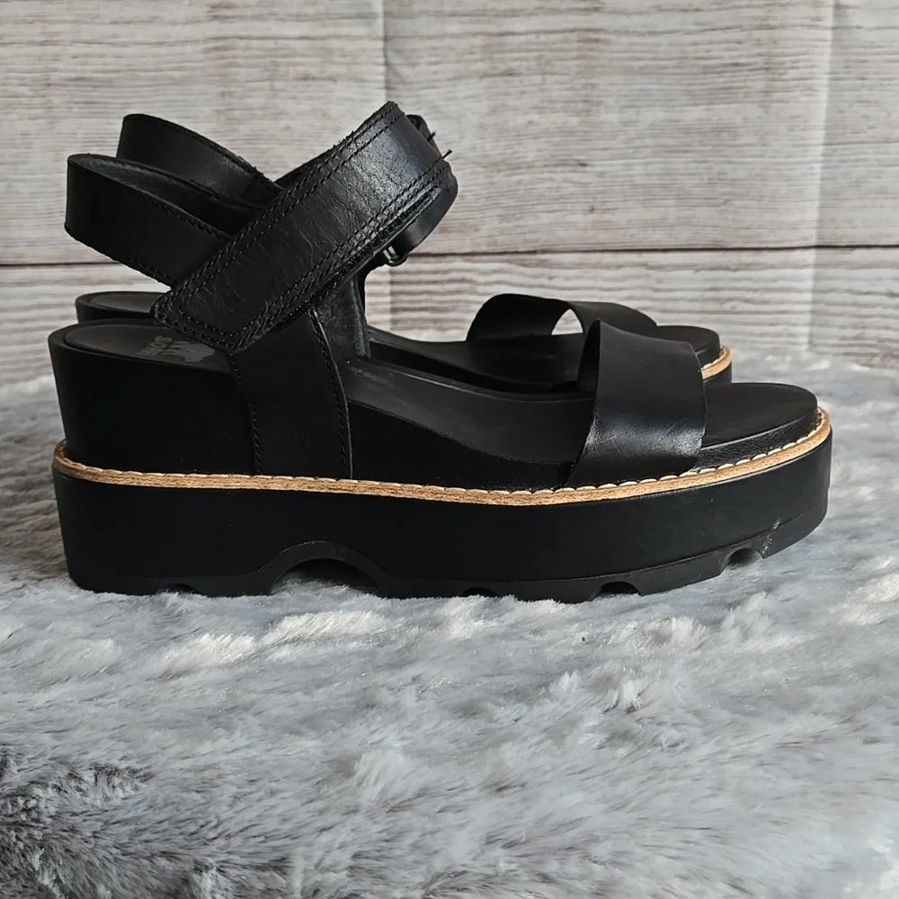 Sorel Black/Tan Platform Sandals, Womens 9 - Picture 7 of 12